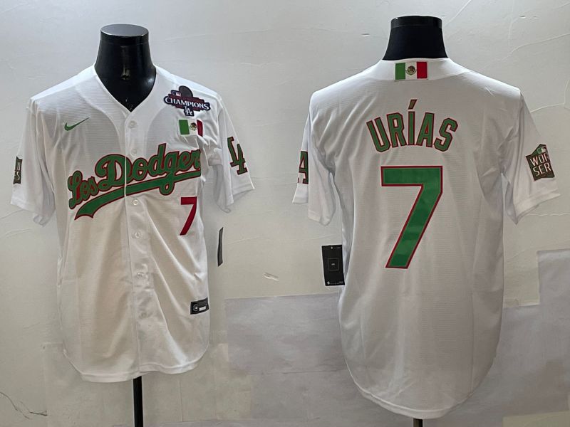 Men Los Angeles Dodgers 7 Urias White Green Game 2025 Nike MLB Jersey style 3202